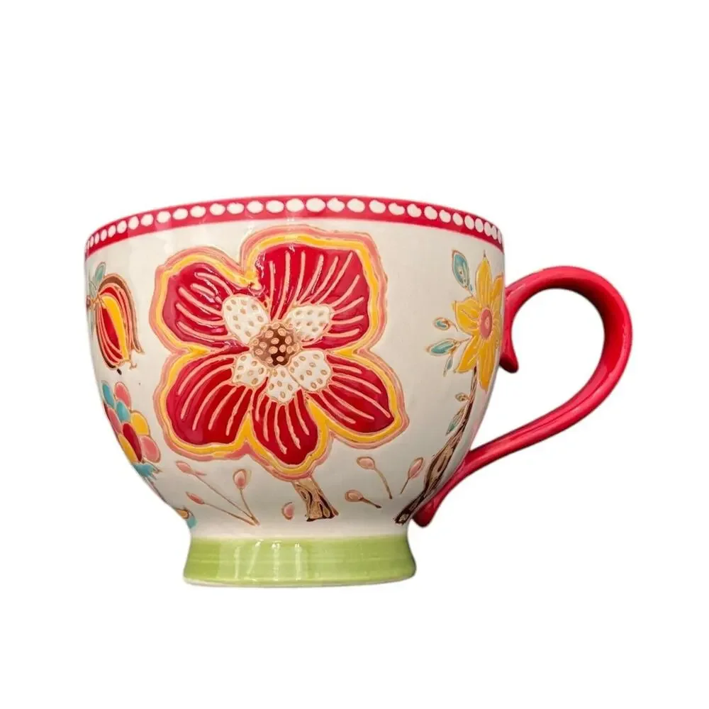 Anthropologie Artistic Accent Hand Painted Tea/Coffee Cup Red Floral Large EUC